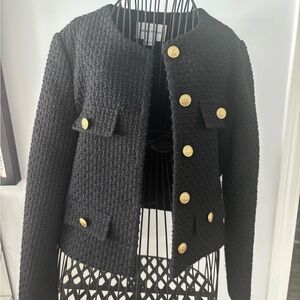 Urban Revivo Black Tweed Collarless Blazer with Gold Buttons